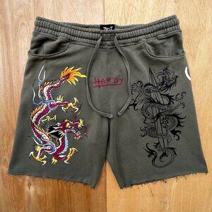 ED HARDY DRAGON PRINT FLEECE SHORTS MEN’S sz L Olive Green Drawstring Frayed Hem